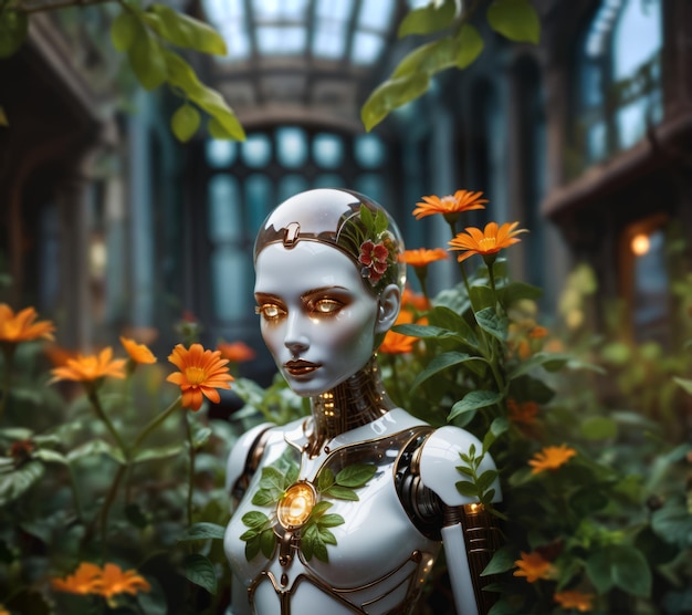 Abstract female cyborg with plants cyber futuristic illustration