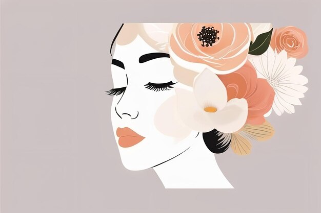 Photo abstract female face in one line woman face with flowers surreal line art female floral girl