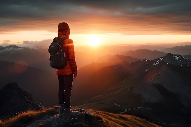 Абстрактная женщина-туристка стоит на вершине сложного горного подъема, чтобы поприветствовать ее прекрасным видом на восход солнца Генеративный стиль рекламной фотографии
