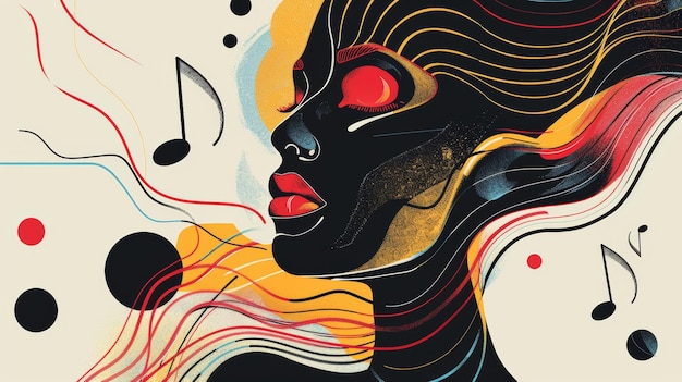 사진 음악적 음표 와 활기찬 색상 으로 흐르는 선 들 을 가진 추상적 인 여성 초상화