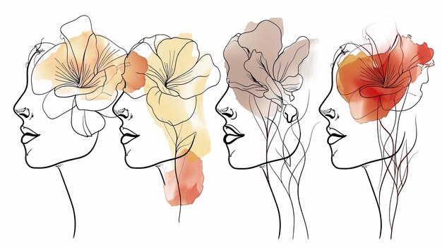 Abstract female profiles with floral elements line and watercolor style