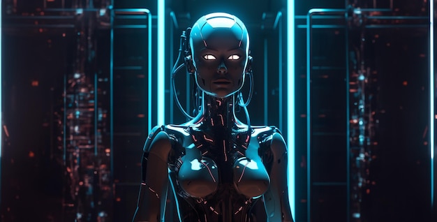 abstract female robot standing alone in dark room light hd wallpaper