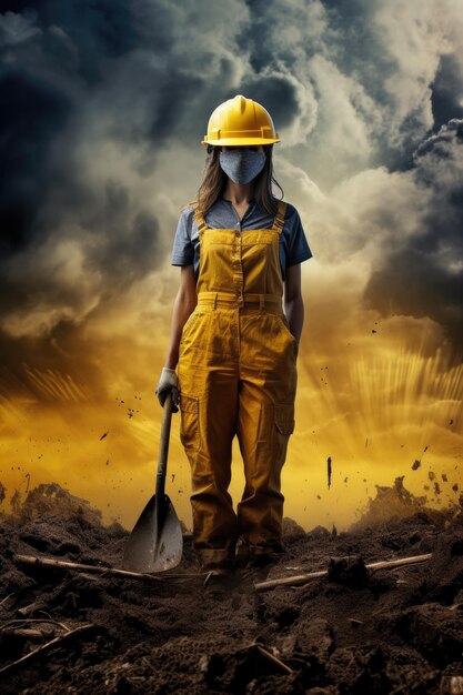 Abstract female worker in safety helmet standing on sand with shovel in hand
