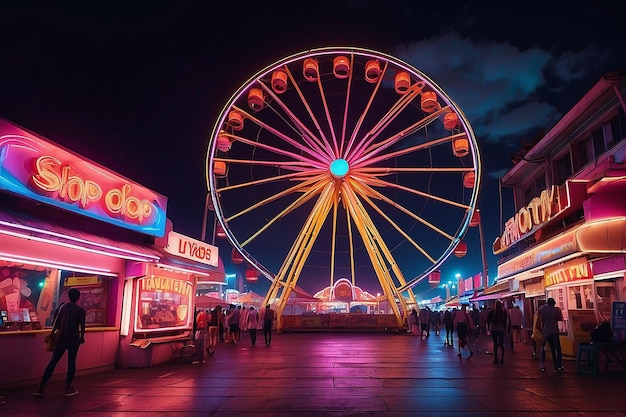 Foto una ruota panoramica astratta di notte con un negozio di colori neon sullo sfondo in un festival di carnevale