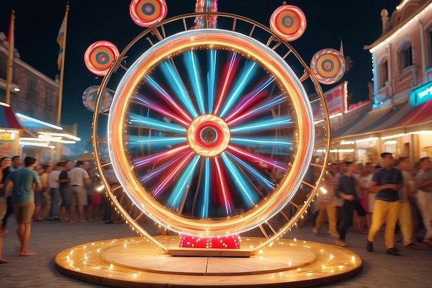 Абстрактное колесо обозрения ночью с магазином неоновых цветов на заднем плане на карнавальном фестивале