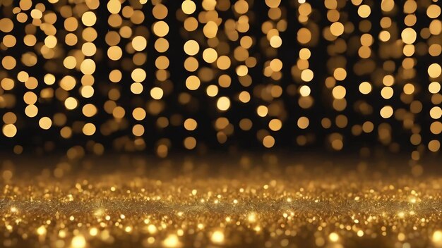 Abstract festive blurred background of golden bokeh lights on black