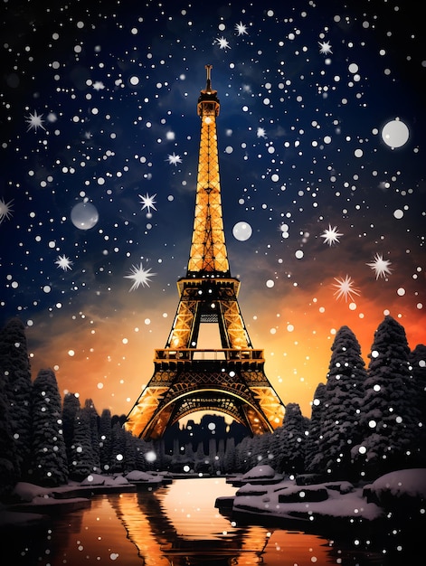 エイフェル塔を描いた抽象的なクリスマスポスター
