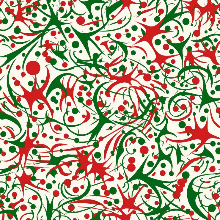Photo an abstract festive seamless christmas pattern composed of swirling red and green splashes and dots