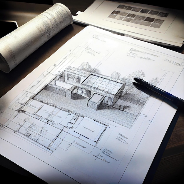 Generative AI Architecture 꿈으로 만든 추상적인 허구의 건축 도면 및 스케치