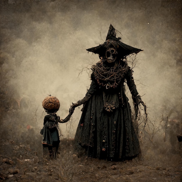 abstract figure of a witch with a hat holding the hand of a young boy with a pumpkin head