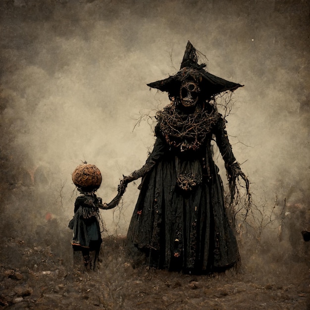 Photo abstract figure of a witch with a hat holding the hand of a young boy with a pumpkin head