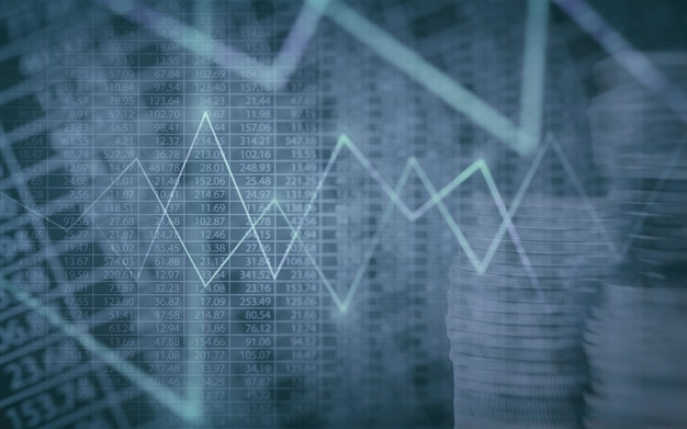 Foto grafico finanziario astratto con il grafico e la pila di monete