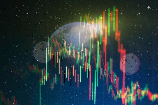 モニター上の抽象的な金融取引グラフとデジタル番号。株式市場のトレンドを表す金と青のデジタルチャートの背景。