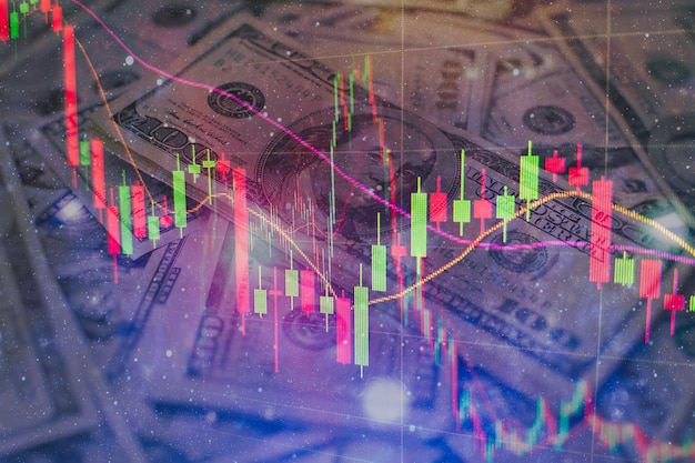 Abstract financial trading graphs and digital number on monitor. Background of gold and blue digital chart to represent stock market trend.