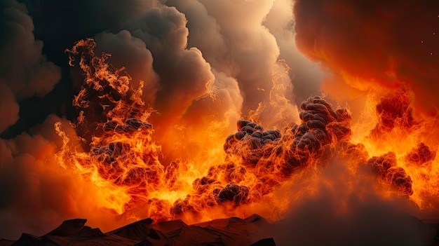 Abstract Fire Tornado with Black Clouds and Smoke 3D Rendering of Intense Fuel Burning and Blaze