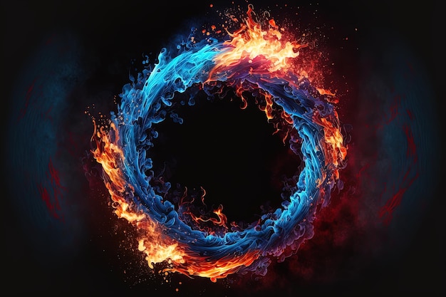 Abstract fire and water fiery circle on a black background Ice and fire circling frame on black