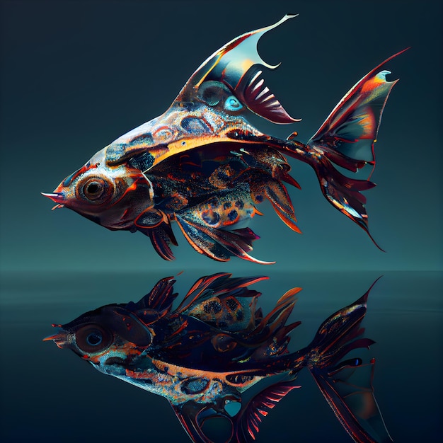 Abstract fish with a pattern on a dark background 3d rendering