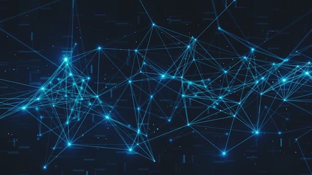 Abstract flashing connected digital data nodes and connection paths on any type of network 3d illustration