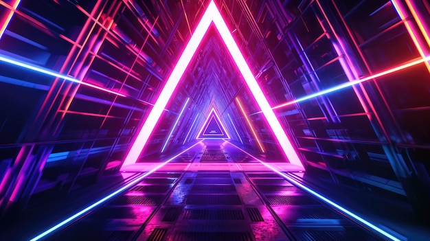 Abstract flight in a futuristic corridor on a background of triangles