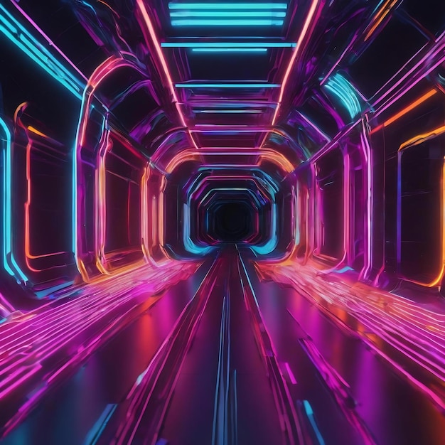 Абстрактный полет в ретро-неонном гипер-варп-пространстве в туннеле 3d иллюстрация