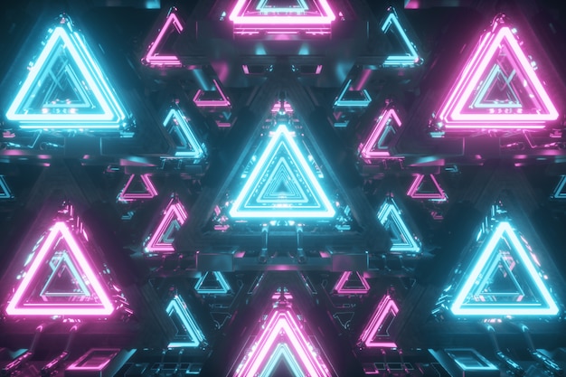 Abstract floating triangles with neon lights
