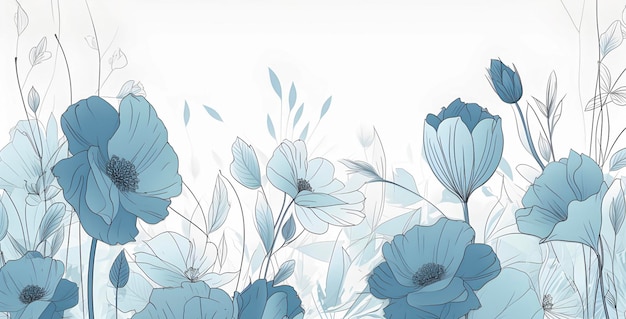 Абстрактное цветочное искусство фон Ботаническая акварель ручная роспись нежные голубые цветы и ветка листьев с штриховым рисунком на белом фоне AI создан