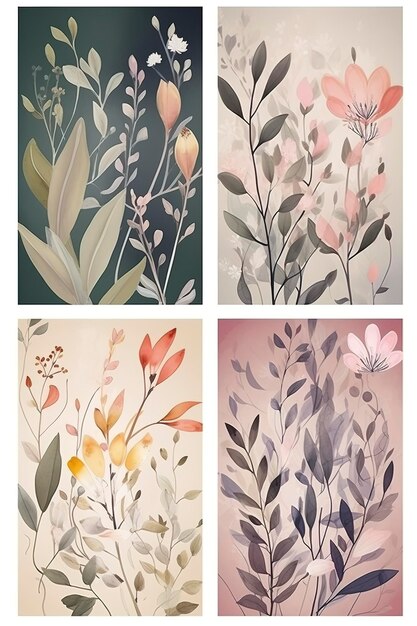 Abstract floral cover background vector Set of spring plant hand drawn template with flowers leaves and wildflowers Colorful watercolor texture design for wallpaper banners prints generate ai