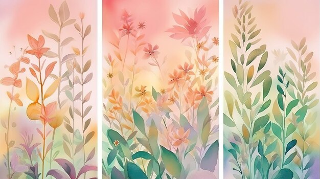 추상 꽃 표지 배경 벡터 꽃 잎과 야생화가 있는 봄 식물 손으로 그린 템플릿 세트 벽지 배너 인쇄를 위한 다채로운 수채화 텍스처 디자인은 ai를 생성합니다.