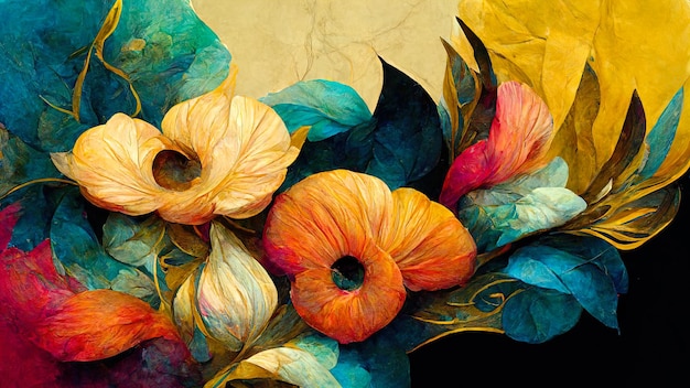 テーマに油絵の具のイラストを模倣した背景に花束の抽象的な花の描画
