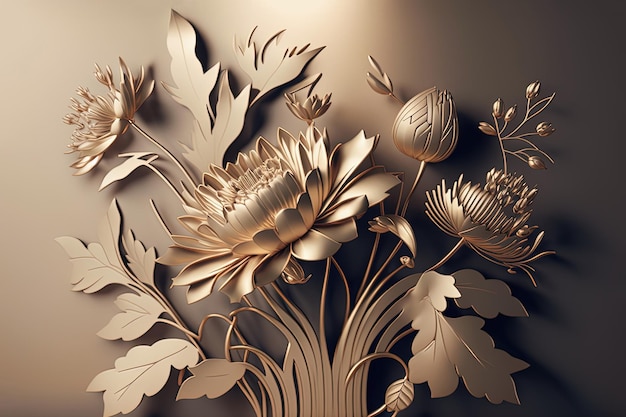 Abstract floral lotus gold metallic wall art Generative AI