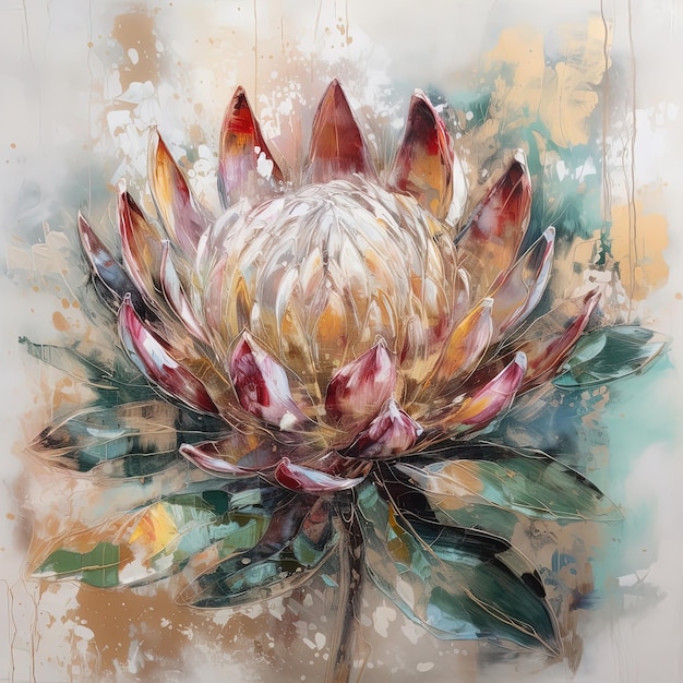 Abstract floral oil painting Colorful protea flower art