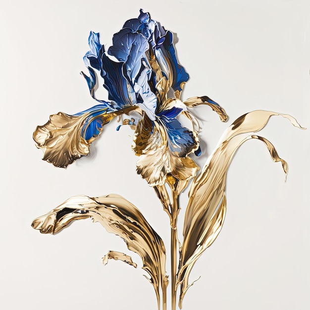 Abstract floral oil painting Gold and blue iris flower on white background