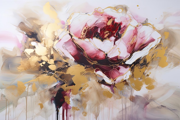 Абстрактная цветочная картина маслом Золотая и розовая роза на белом фоне Генеративный AI