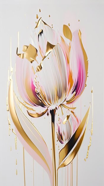 抽象的な花の油絵白地に金とピンクのチューリップ