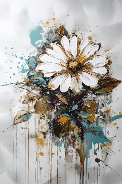 Abstract floral oil painting White and blue daisy wall art illustration