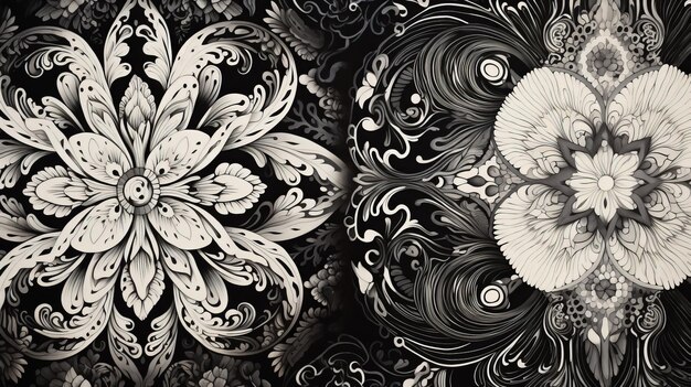 黒と白の色で抽象的な花のパターン
