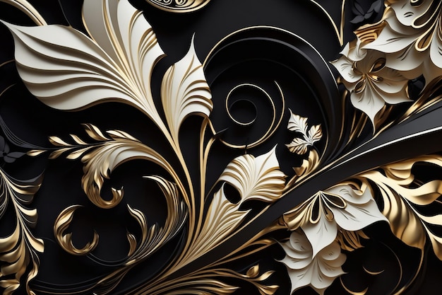 An abstract floral pattern featuring black gold and white colors AI