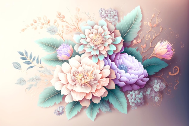 Abstract floral pattern in form of flowers with fluffy petals in pastel colors