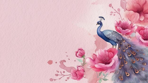 Abstract Floral Pink Rose Flower With Peacock Bird Flower Watercolor Background On Paper