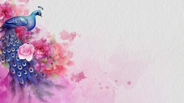 Abstract Floral Pink Rose Flower With Peacock Bird Flower Watercolor Background On Paper