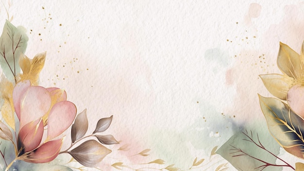 Abstract Floral Watercolor Background On Paper With Splashes of Gold