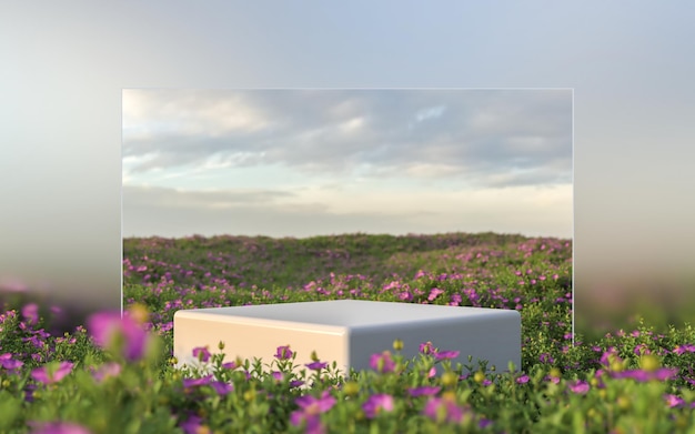 Abstract flower field scene with podium for product display and frosted glass background 3d rendering