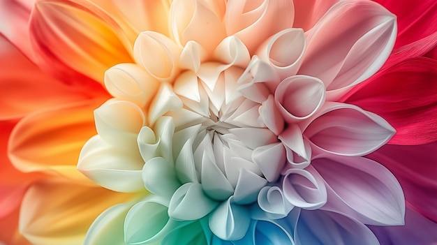 An abstract flower with a white centre that is coloured like the rainbow