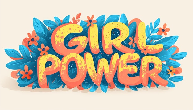 白い背景に隔離された真ん中にある Girl Power と書かれた抽象的な花と葉