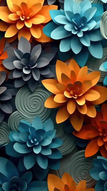 Photo abstract flowers wallpaper in light orange and dark azure contrast generative ai