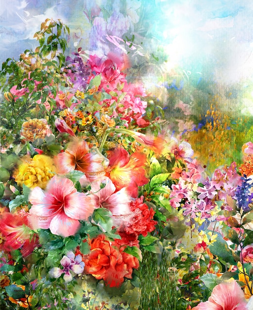 Pittura ad acquerello fiori astratti. fiori multicolori di primavera