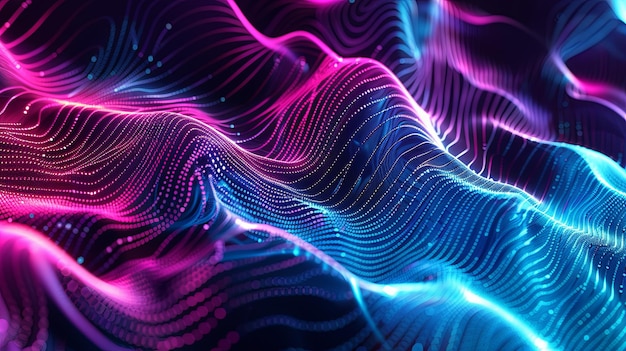 Абстрактные текущие волновые линии и точки Визуализация цифровых данных Футуристический технологический фон Концепции больших данных Искусственный интеллект Киберпространство