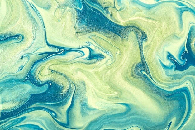 Abstract fluid art background blue and green colors. Liquid marble