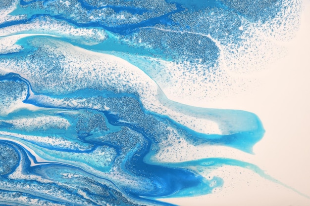 Abstract fluid art background light blue and white colors Liquid marble Acrylic painting with turquoise gradient