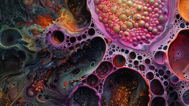 Foto arte fluida astratta che raffigura modelli vorticosi in ricche tonalità viola e blu con intricati dettagli cellulari che creano un effetto visivo ipnotico